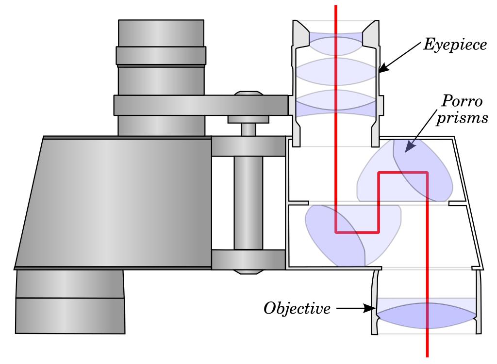 Simplified interior layout of a Porro‑style binocular lenses prism cluster eyepiece