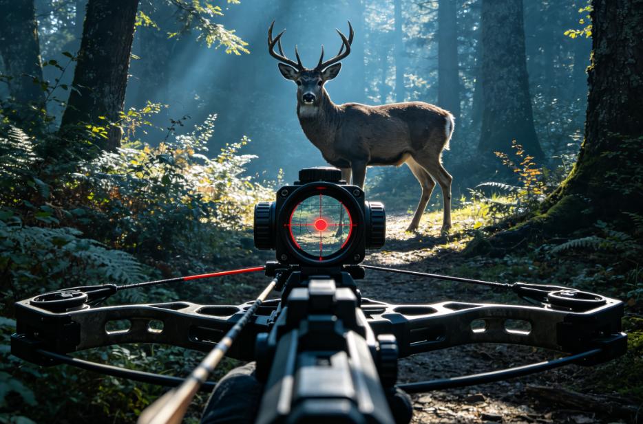Hunting in the forest with a Crossbow red dot sight