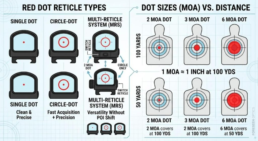 red dot reticle patterns and different MOA dot sizes