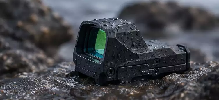 Red dot sight housing exposed to rain and outdoor conditions