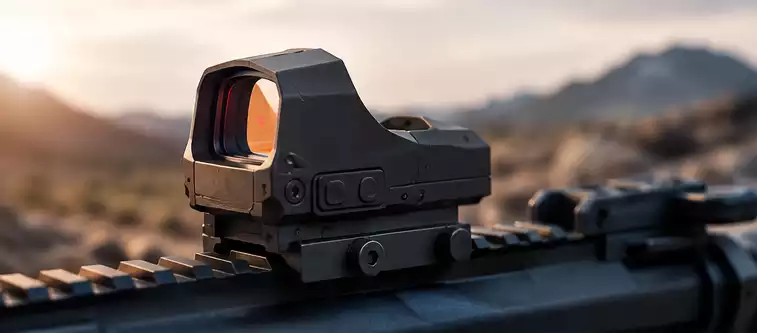 Red dot sight mounted on a rail in an outdoor environment