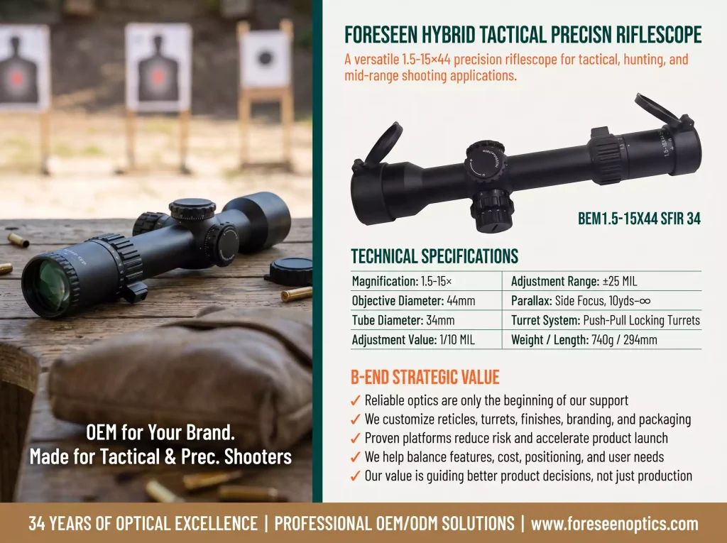 High-Zoom Large-Objective Rifle Scopes | 1.5-15x44 SFP Rifle Scope with 34mm Tube, Red Illumination, Side Parallax and Push-Pull Locking Turrets BEM1.5-15X44 SFIR