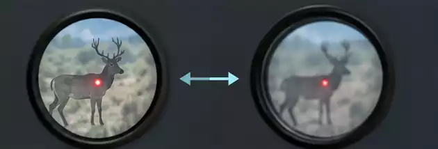 Comparison of a red dot sight view with and without a magnifier
