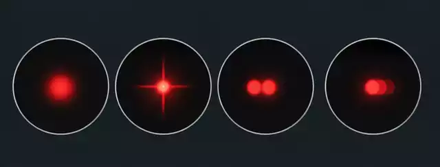 Four common red dot sight appearances including blur, starburst, ghosting, and distortion